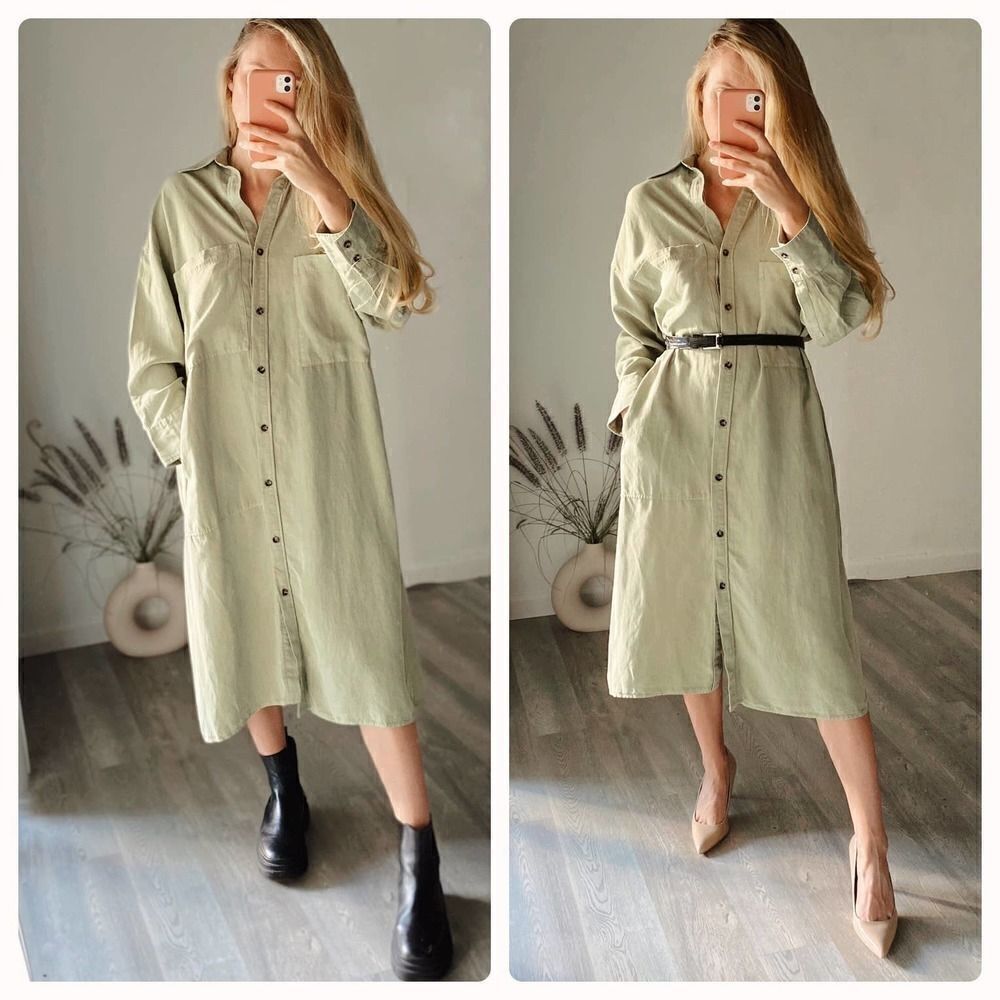 Zara Shirt Dress Pockets Linen Blend Long Sleeve